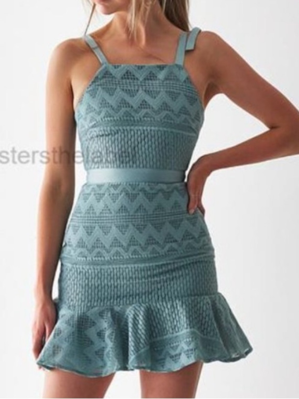 Two Sisters Sleeveless Sage Tie-Shoulder Lace Dress 2